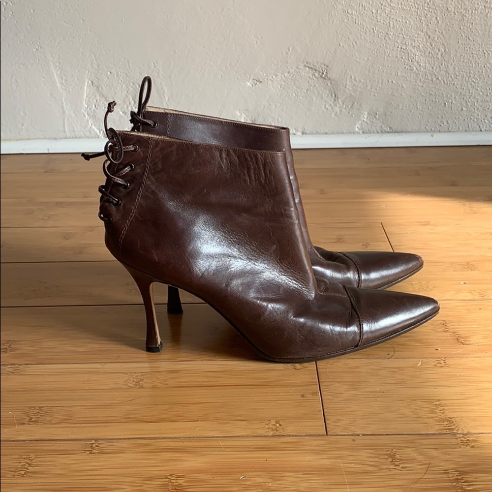 Manolo Blahnik Brown Leather Tie Ankle Boots